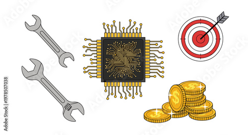 An assortment of technical and financial icons including two metal wrenches, a central microprocessor, a target with an arrow, and stacks of gold coins.