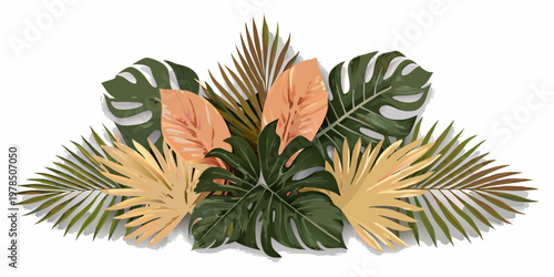 A vibrant arrangement of tropical leaves in varying shades and shapes