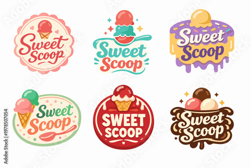 Sweet scoop ice cream dessert emblems collection. Flat cartoon logo identity for frozen treats, gelato, and cafe branding