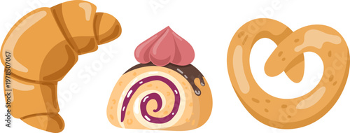 Fresh morning bakery set. Vector illustration of croissant, pretzel and sweet roll with jam. Traditional pastry isolated on white