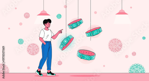 Cartoon illustration of a woman interacting with suspended stylized belt designs on a light pink