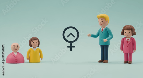 Diverse group of toy figurines choosing hiking direction with trail sign in pastel setting