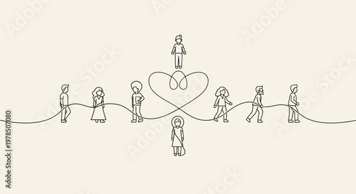 Hand-drawn family tree illustration with diverse generations holding hands in simple line art style