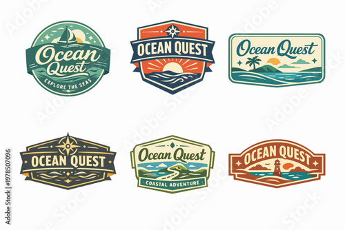 Ocean quest vintage style badges and emblems collection for maritime adventure travel, sailing, and exploration concepts