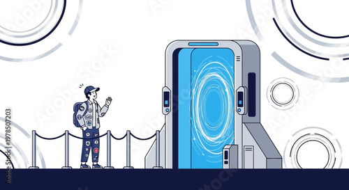 Cartoon man contemplating a futuristic portal design concept for technology exploration and