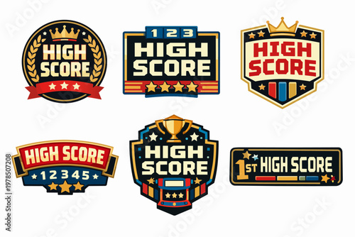 High score emblems set for game achievements, winning badges, competition awards, and first place recognition