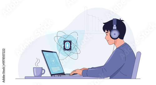 Cartoon Man Engaged in Virtual Interaction with Headphones and Laptop Setup