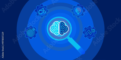 Artificial intelligence concept with a brain gears and magnifying glass