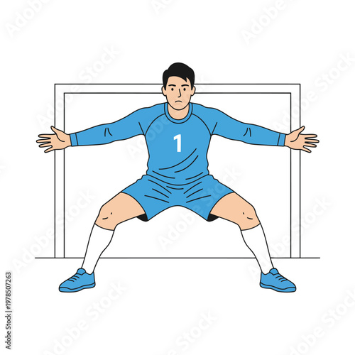 Handball goalkeeper preparing stance, knees bent, ready position, flat vector, isolated on white 
