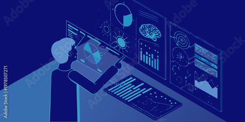 A person interacts with futuristic data visualizations and technology interfaces
