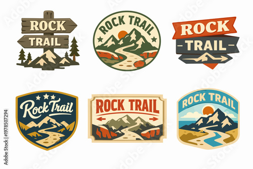 Set of rock trail stylized emblems and badges, illustrating mountain landscapes, rivers, forests, and signposts