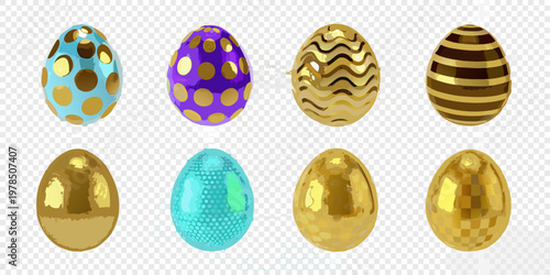 Colorful easter eggs with varied patterns arranged on a transparent background