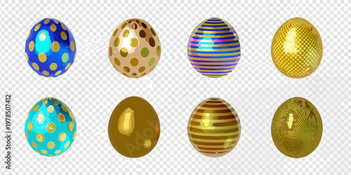 A collection of brightly decorated easter eggs on a transparent background