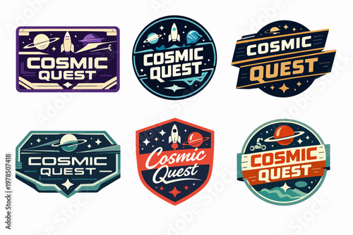 Cosmic quest space adventure badges collection representing rockets, planets, and astronauts exploring the galaxy
