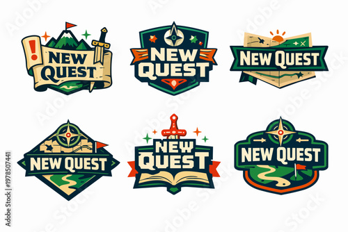 New quest gaming and adventure logo design collection, playing fantasy games, embarking on a journey or exploration
