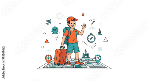 Cartoon traveler with suitcase ready to explore world destinations on global journey