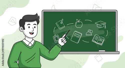 Cartoon teacher presenting knowledge on chalkboard with symbols of education lesson concept