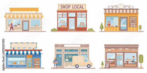 Colorful storefronts depict a charming local shopping street scene
