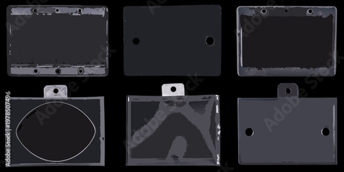 Arrangement of six dark rectangular and square plastic card holders