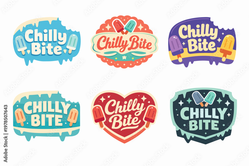 Fototapeta premium Chilly bite brand logo collection for frozen treats, offering various colorful ice cream stick labels and stickers