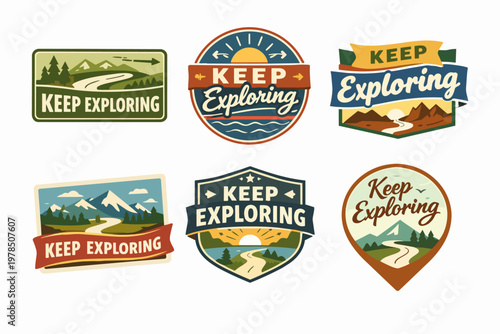 Keep exploring badges collection featuring mountains, roads, trees, sunrises, and lakes for adventure travel