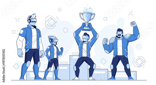 Celebrating victory virtual reality game team wins trophy cartoon illustration
