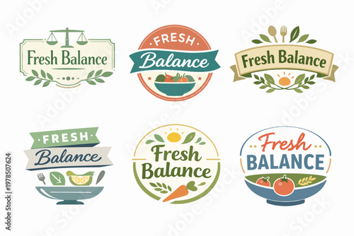 Fresh balance food logos for healthy eating, diet, nutrition, organic lifestyle, wellness, and natural health branding