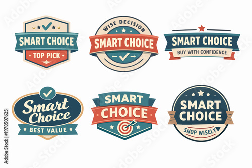 Six vector smart choice badges and labels with various text like top pick, wise decision, best value, and shop wisely