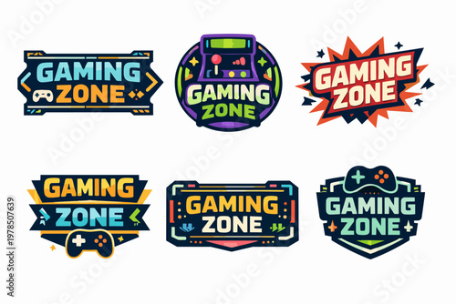 Gaming zone badge collection offering various logotypes and emblems for arcade, e-sports, and video game enthusiasts