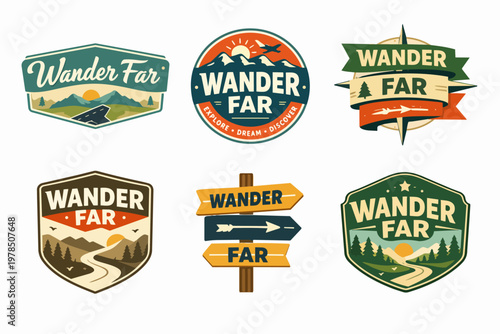 Collection of outdoor adventure badges and emblems with wander far text, depicting mountains, roads, forests, and sun