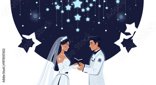 Celestial vows a star-studded wedding illustration of a bride and groom exchanging vows amidst a