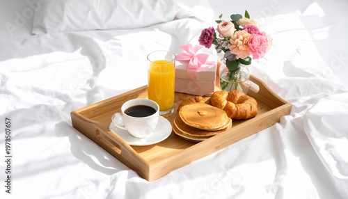 Mother’s Day Breakfast Tray with Croissants Flowers and Coffee