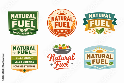 Collection of natural fuel logos highlighting organic food, healthy eating, and wholesome nutrition concepts