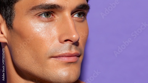 real skin from minimal beauty routine, man,Portrait of a handsome man with striking features against a vibrant background.