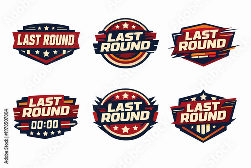 Last round game and sports badges set, strong championship closing event branding and final competition emblems