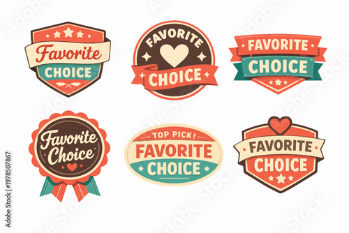 Favorite choice labels set featuring retro design elements. Badges, ribbons, and seals for product recommendations and best quality