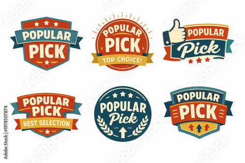 Popular pick labels, best selection badges, top choice emblems, trendy product stamps, and recommended mark seals