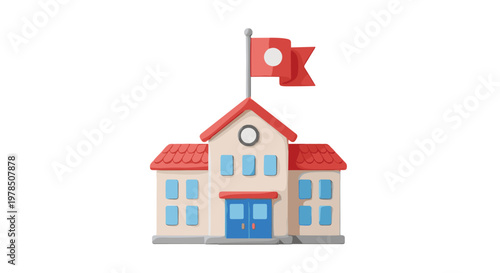 Charming school building illustration featuring a classic red roof and a prominent flagpole waving a vibrant red flag with a centered white circle motif.