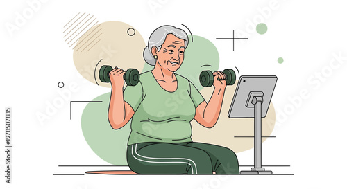 Cheerful senior woman exercising with dumbbells while following a fitness app on a tablet at home