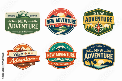 New adventure badges with nature exploration, mountain wilderness, camping forest, and tropical beach landscape designs
