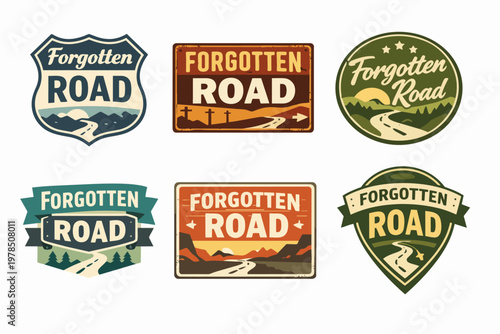 Collection of forgotten road vintage emblems and patches featuring winding desert roads and natural landscapes