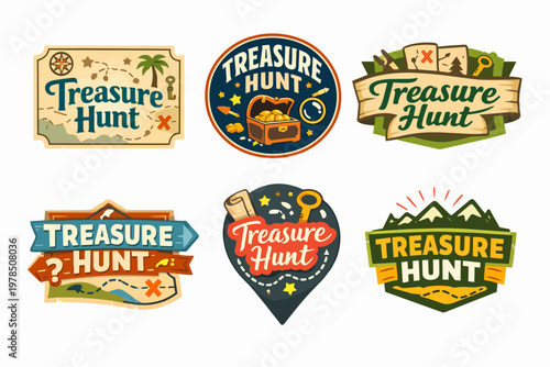 Treasure hunt emblems and logos collection symbolizing adventure, discovery, and exploration with maps, chests, and compasses