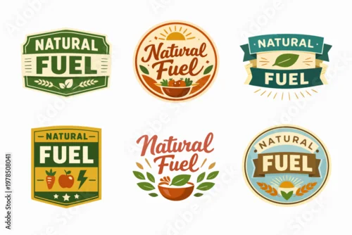 Fototapeta na wymiar Collection of natural fuel badges and emblems, showcasing healthy food, organic produce, and sustainable energy for wellness branding