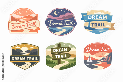 Dream trail concept icons set depicting outdoor adventure, travel, mountains, hiking, and coastal exploration