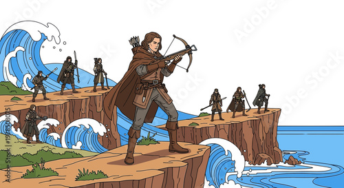 Coastal Squad on a Mission: A band of adventurers stands ready against a crashing wave background