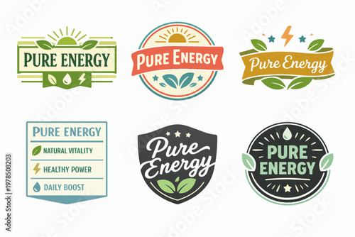Six pure energy logo designs presenting concepts of natural power, health, and organic vitality for branding use