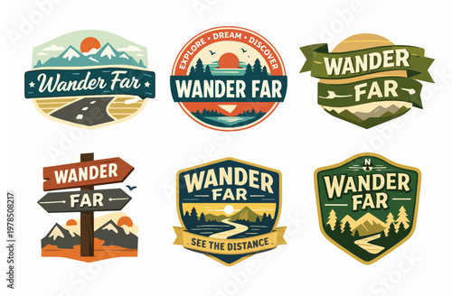 Wander far badge collection with mountains, road, forest, and sun, expressing adventure, travel, and exploration