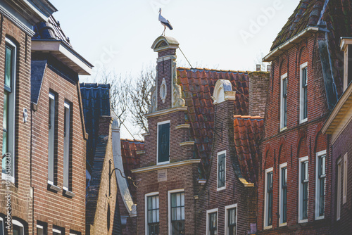 Lone stork surveys the charming brick rooftops under a clear sky.