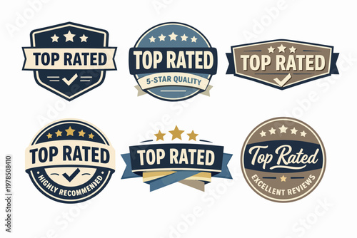Top rated badge collection for quality product reviews, excellent service, and best recommendation labels