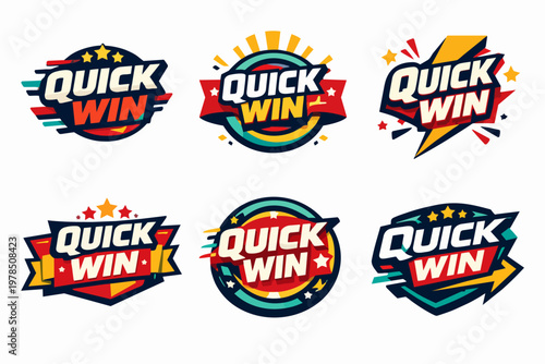 Quick win badges set designing for instant success, triumph, and achievement concepts in gaming and reward systems